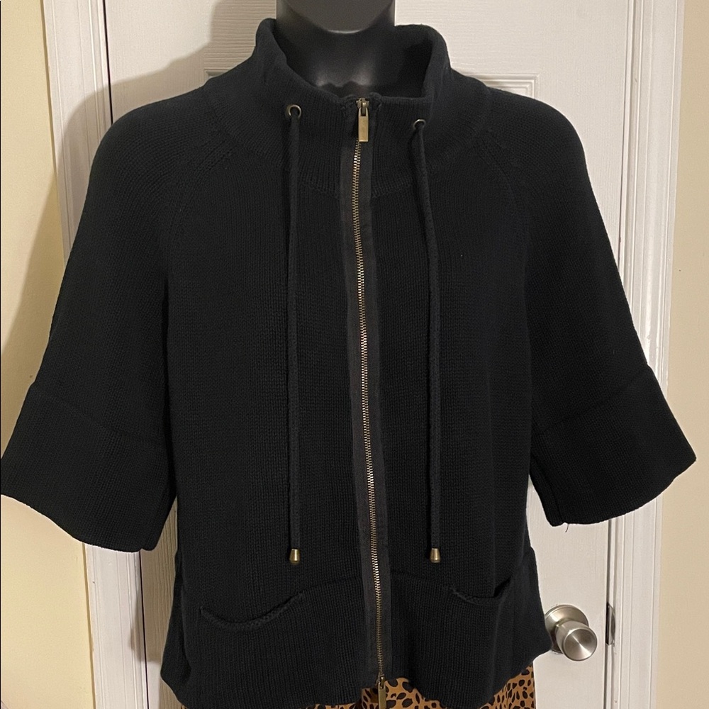 Black Zip-Up Cotton Sweater with Short Sleeves 18-20
